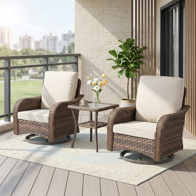3 Pieces Outdoor Furniture Set, Outdoor Wicker Swivel Glider Rocker, Patio Bistro Set with Swivel Chairs, Side Table and Beige Cushions for Porch, Deck, Backyard, Poolside