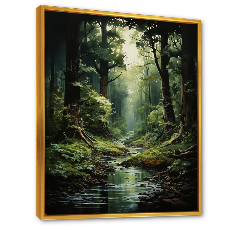 Rivière dans un bois enchanté I - forêt, art mural, Cadre flottant doré, H 32 po x l 16 po x P 1 po