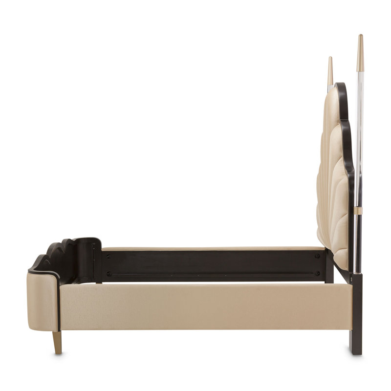 Dark Espresso King Poster Bed with Sand Faux Silk Upholstered Headboard