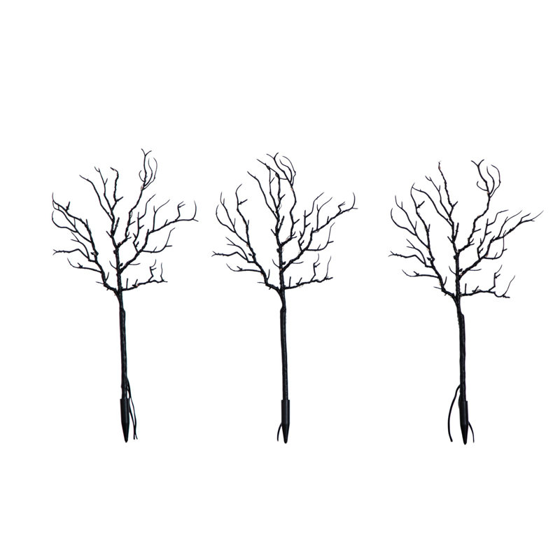 14 po Branches d'Halloween artificielles pré-éclairées noires avec 45 lumières DEL orange et piquet de sol intégré - ensemble de 3