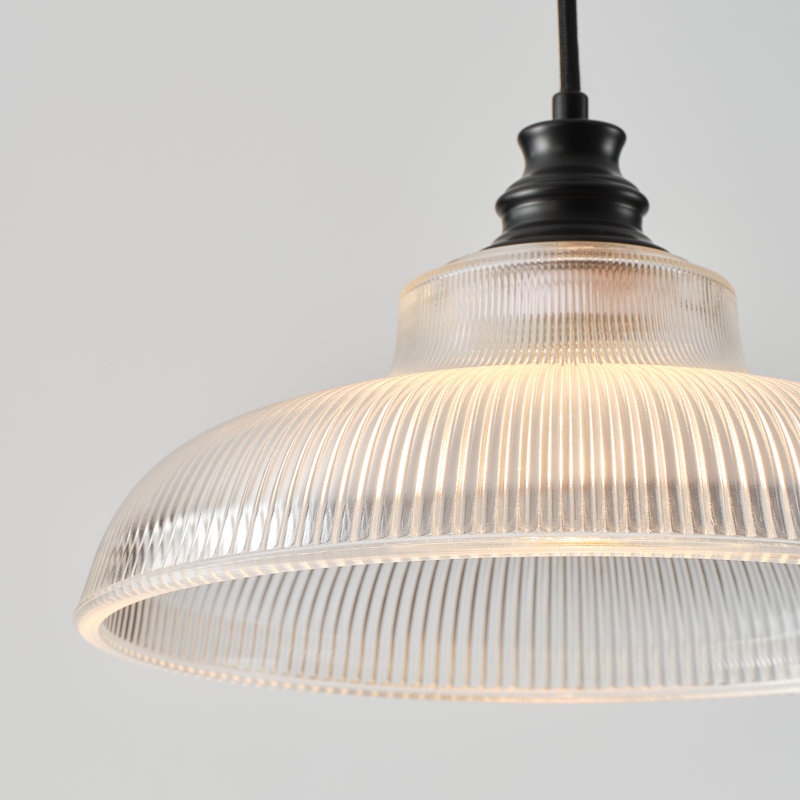 1-Light Dome Ribbed Glass Texture Pendant Light, Matte Black