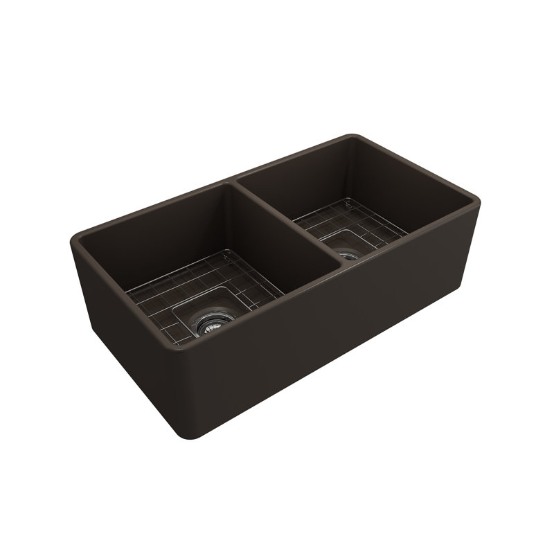 33'' L Farmhouse / Apron Double Bowl Fireclay Kitchen Sink, Matte Brown