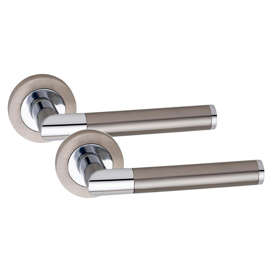 5 Pairs Mitred Design Door Handles on Round Rose in Satin Nickel Polished Chrome Finish with 2.5" Tubular Latch - 52mm Diameter