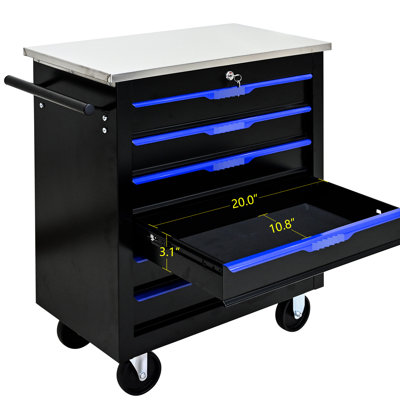 Black + Blue 6 Drawers Tool Trolley With Wheels, Powder Coating, Lockable, Smooth Steel Countertops, Attachable Case Mobile Wheels - Blue, Construction, Lockable Drawers, 2 Brake