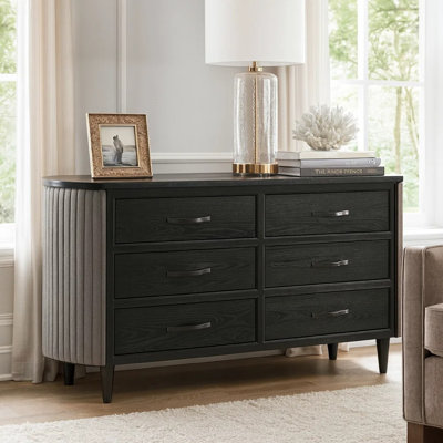 Commode Sevy avec tissu rétro, noir et gris, 6 tiroirs