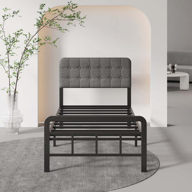 12 Inch Bed Frame with Upholstered Headboard and Metal Footboard, Twin, Gray
