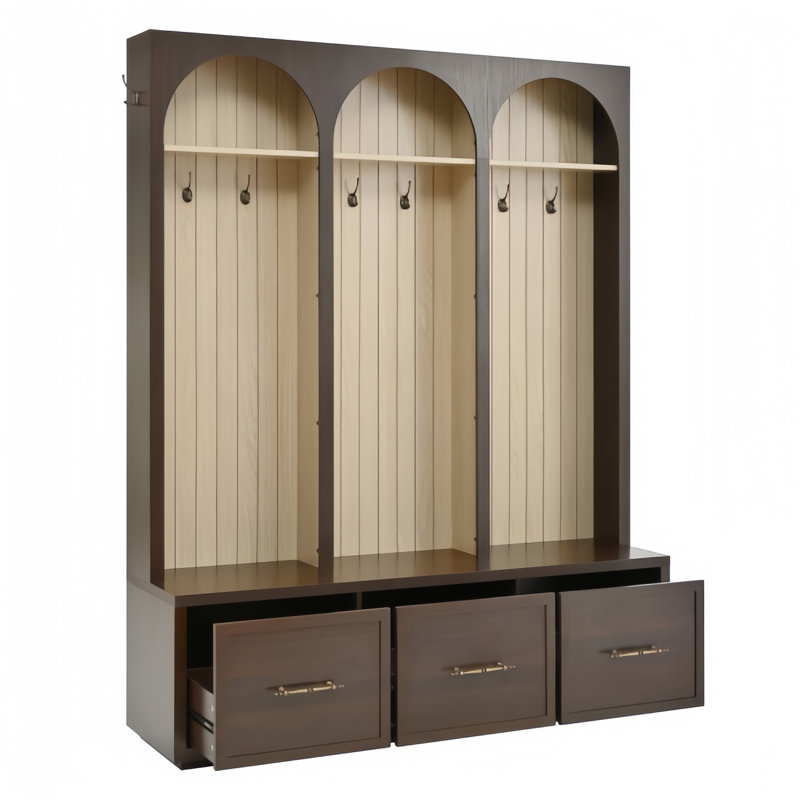 Farmhouse Hall Tree With Arched Design, 59" Wide Entryway Bench With 8 Hooks & 3 Drawers, Rustic Coat Rack Shoe Organizer For Mudroom Hallway