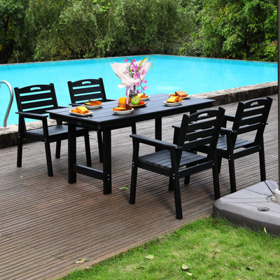 Repas d'extérieur, noir, capacité de 4 places, avec trou de parasol, idéal pour les jardins et les cours, temps, peu d'entretien, sièges ergonomiques, patio facile à assembler, style, une table, quatre chaises,