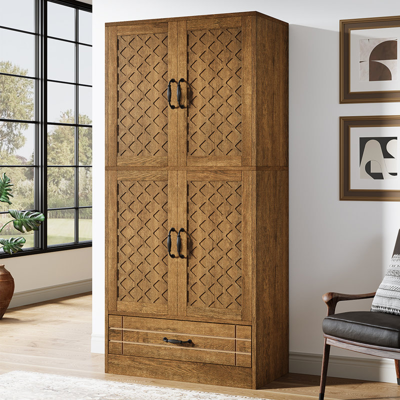 Tall Brown MDF Bookcase with Diamond Carved Cabinet and Drawer