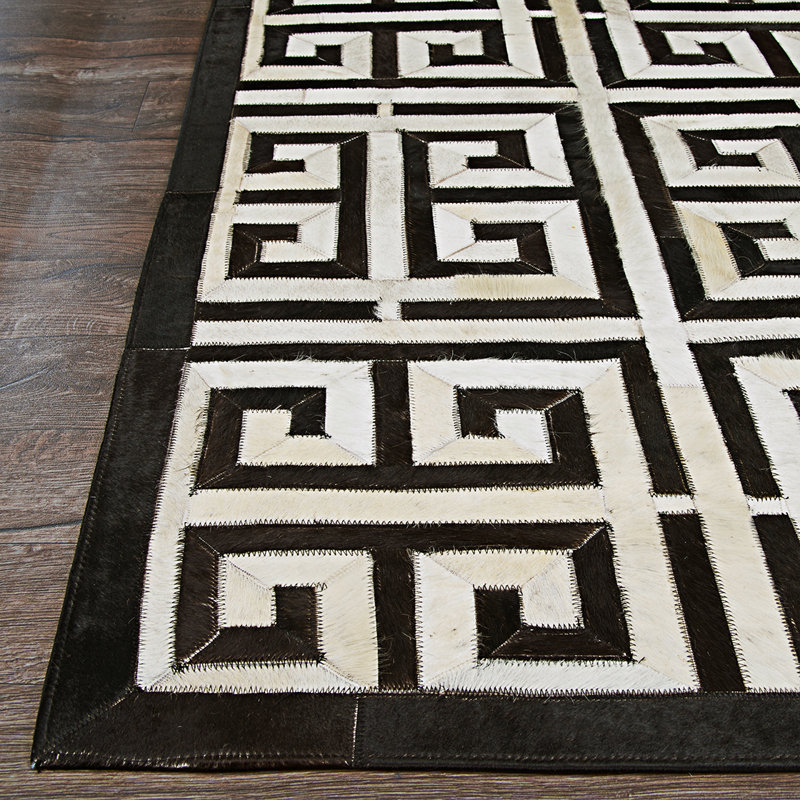 Haseeb Geometric Black Ivory Handmade Cowhide Rug, Rectangle 2' x 4'