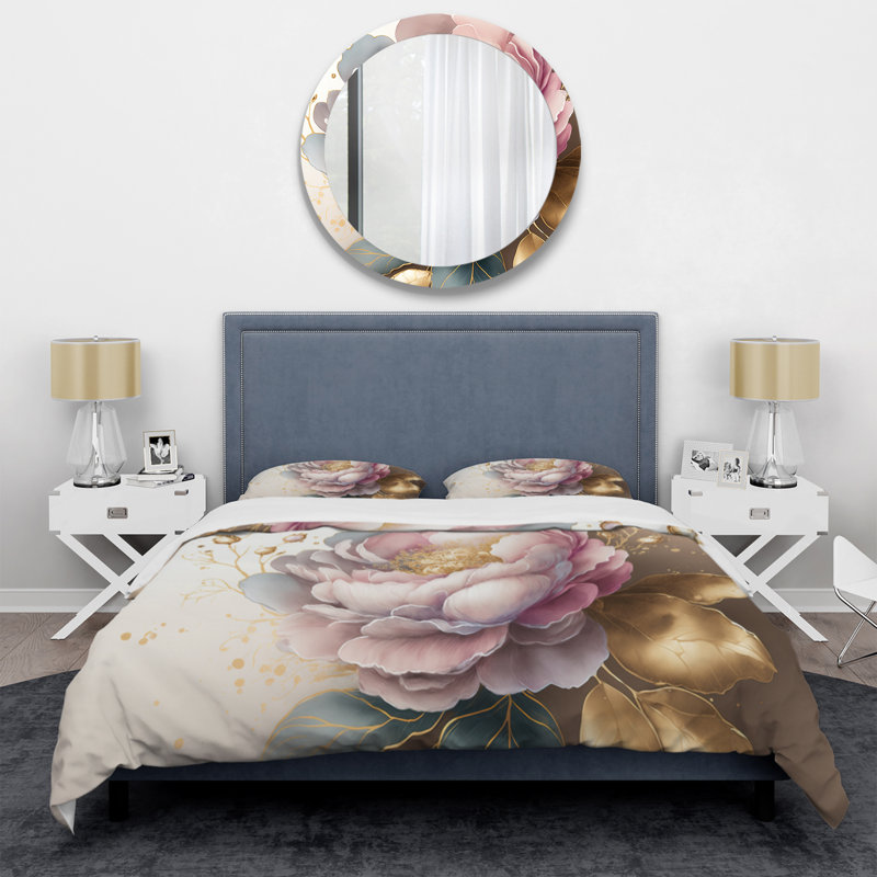Ensemble de housse de couette rose et doré Camellia Flower II - Floral Camellia - Polyester microfibre