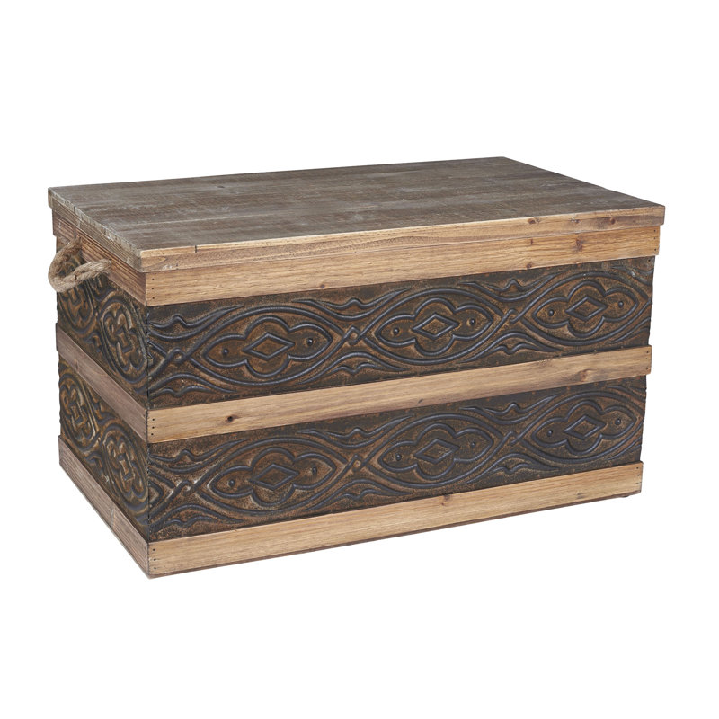 Decorative Trunk, Embossed Metal, Chinese Fir Wood, Darkened Interior, Rope Handles, Flat and Fully Opening Lid, Handmade, Walnut and Almond Stain