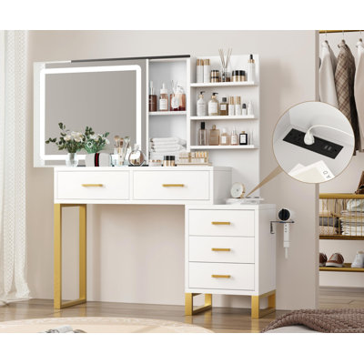 Meuble-lavabo Stafan avec miroir et lumière DEL - 3 modes d'éclairage, station de charge, 5 grands tiroirs et 3 niveaux de tablettes ouvertes pour la chambre à coucher