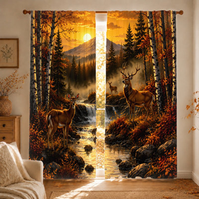2Pcs Majestic Deer in Forest Landscape curtains, light filtering fabric, artistic print, rod-pocket design, suitable for living room, bedroom, kitchen home decoration