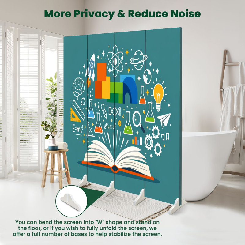 Cloison pliante pour la rentrée 4 panneaux Royal Science Innovation Bright Illustration Connaissance Découverte Toile Séparateur de pièce Paravent de protection autoportant Cloison d'intimité