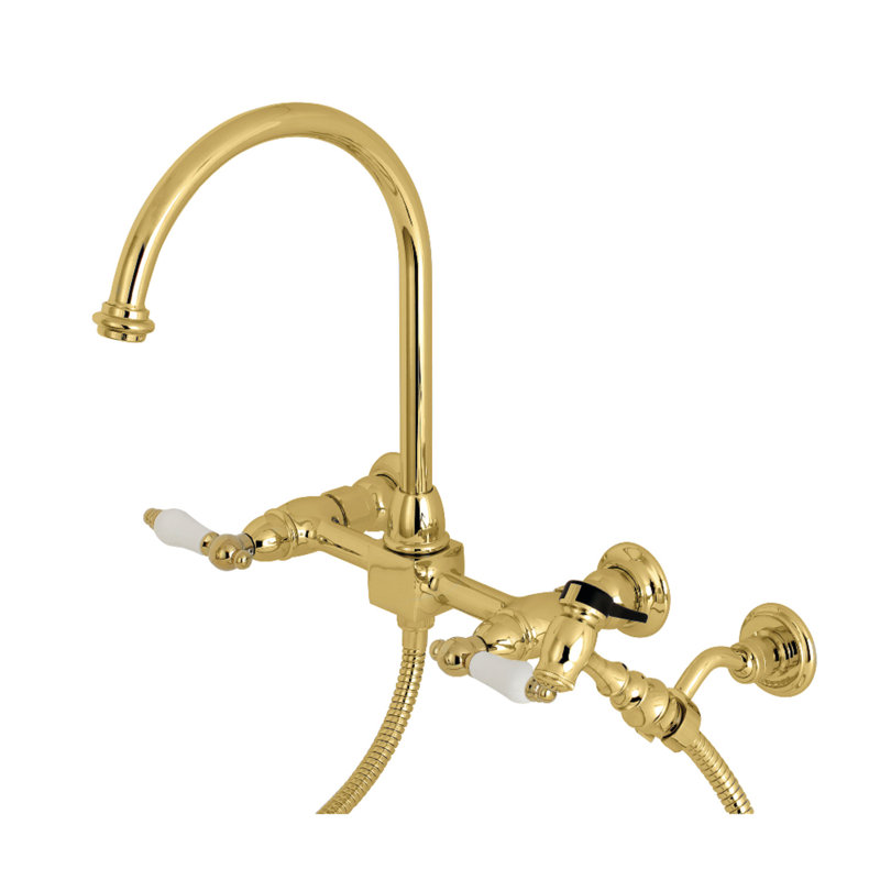 Kingston Brass Restoration Double-Handle 3-Hole Wall-Mount Bridge Kitchen Faucet with Brass Sprayer, Polished Brass/White
