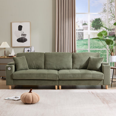 Modern 100.4" Corduroy 3-Seater Sofa with USB & Type-C Charging Ports, Armrest Storage, and 2 Cup Holders