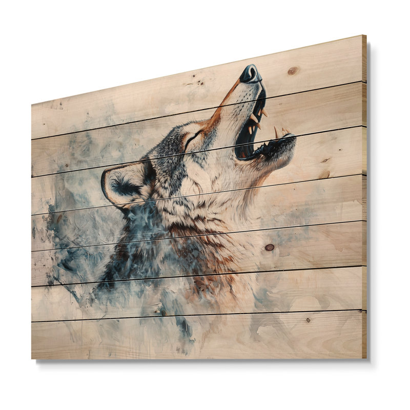 Loup hurlant en couleurs douces II - Décoration murale moderne en bois sur bois de pin naturel, H 10 po x l 20 po