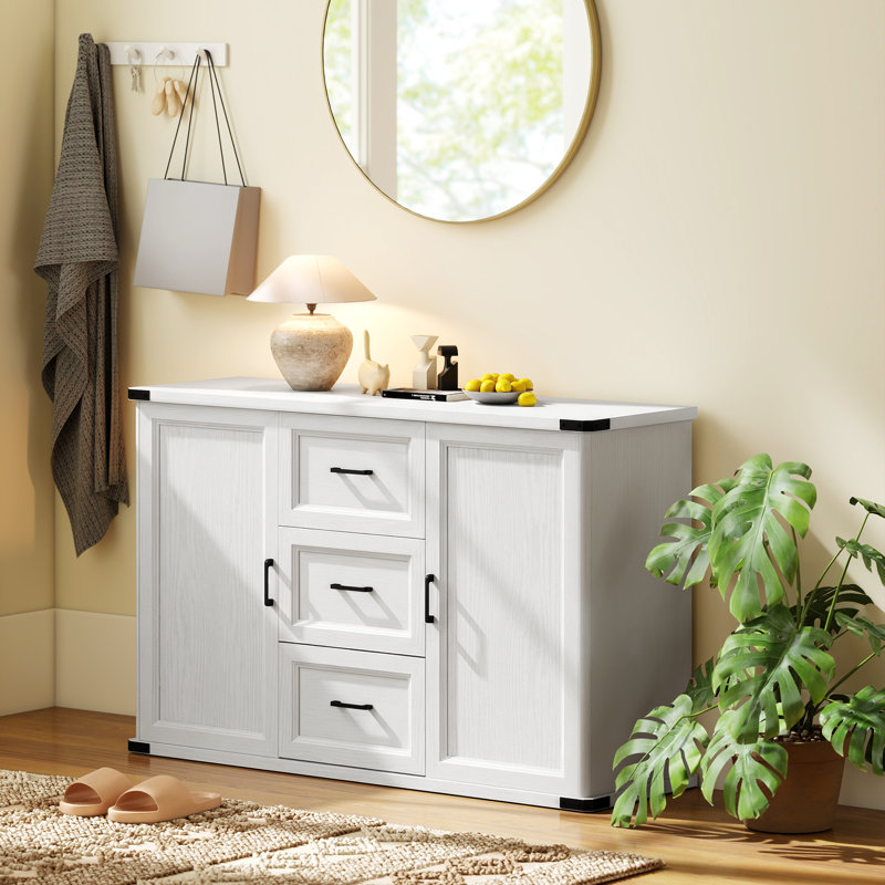 Buffet buffet à 3 tiroirs et 2 portes grain de bois blanc, Grain de bois blanc