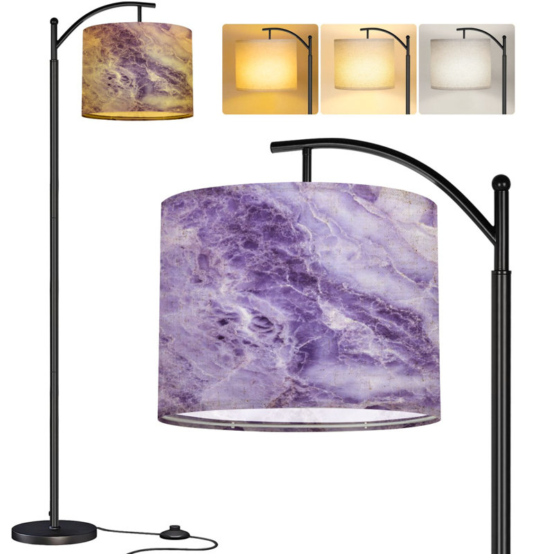 Lampe sur pied en arc en marbre mauve sur fond de pierre, grande lampe sur pied moderne, abat-jour réglable en lin à 3 couleurs
