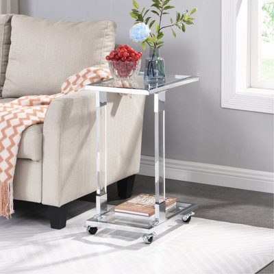 Table d'appoint en verre chromé, table de bout en acrylique, table en forme de C en verre avec base en métal pour le salon, la chambre à coucher, le balcon, la maison et le bureau