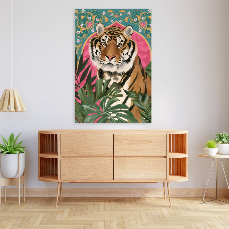 Tigre à la porte, tigre de palmier abstrait, art de paysage tropical, H 48 po x l 32 po