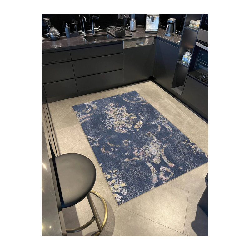Blue Beige Themed Motif Ethnic Floral Patterned Vintage Decorative Carpet, Round 5'