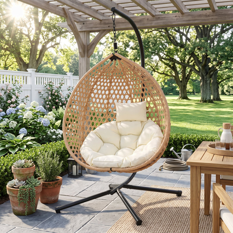 Chaise de hamac durable en rotin avec support, balancelle intérieure et extérieure confortable avec coussin amovible pour balcon, chambre à coucher et jardin, beige