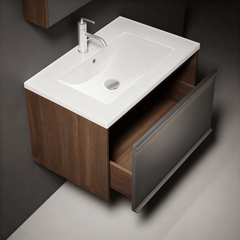 Meuble-lavabo mural à 1 tiroir l 32 po x P 18 po Lil en chêne Karson avec comptoir en céramique blanche et lumière DEL