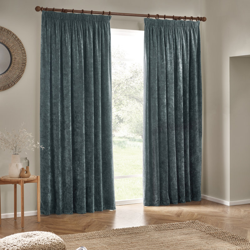 Heavy Chenille Room Darkening Pencil Pleat Curtains, Charcoal, 117 W x 137 D cm