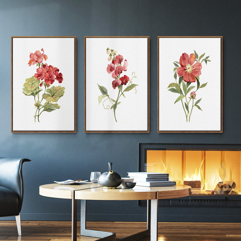 Scarlet géranium - ensemble de 3 reproductions de photos sur toile, Noyer, H 40 po x l 78 po