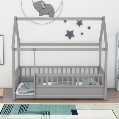 Twin Size Floor Wooden Bed With House Roof Frame, Fence Guardrails