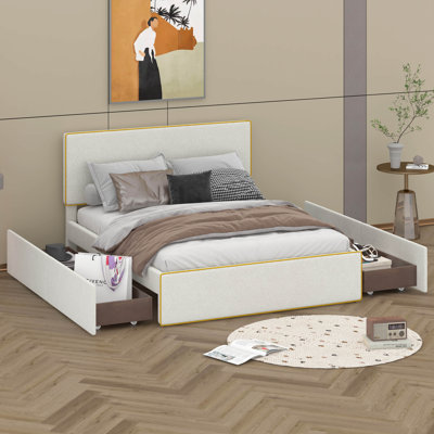Lit plateforme tapissier double avec 4 tiroirs Lamoyne
