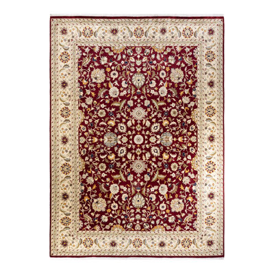 Tapis unique en laine noué à la main 9 pi 2 po x 12 pi 5 po nouvel âge Hayner - rouge / bleu marine / brun