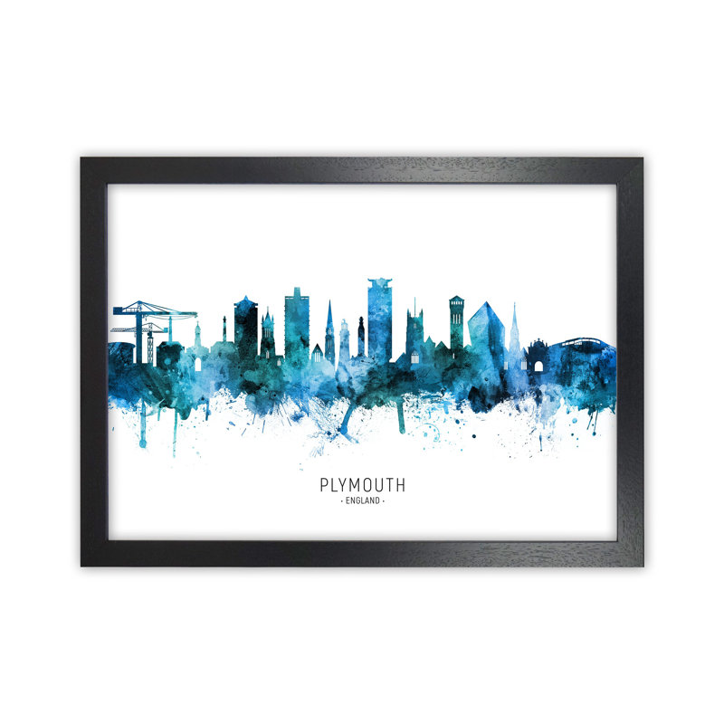 Plymouth England Skyline Blue City Name by Michael Tompsett - Print, 34cm H x 46cm W x 3cm D, Black Framed