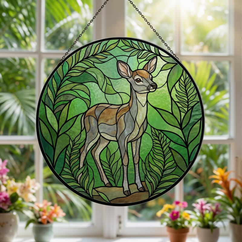 Deer Forest Stained Glass Window Panel，7.8H, 7.8"H