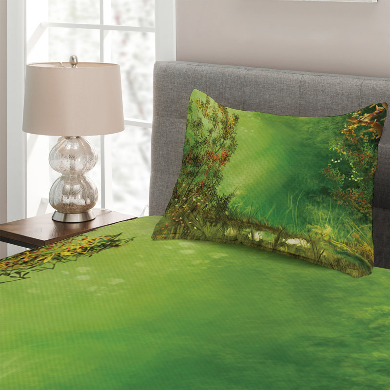 Green Nature Print Twin Quilted Bedspread Set