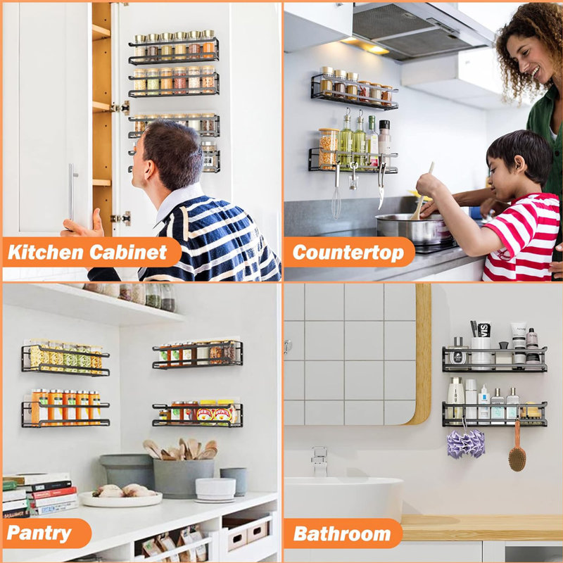 Wall Mount Spice Rack Organizer 4 Pack, Black