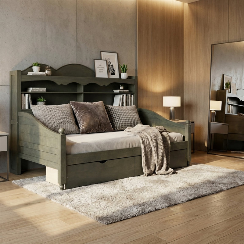 Twin-Size Daybed Frame, Platform Bed With Storage, Antique Grey Wooden Daybed, No Spring Box Required, Vintage Style, Green