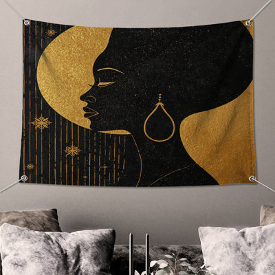 Tapisserie murale silhouette femme lune dorée - Silhouette