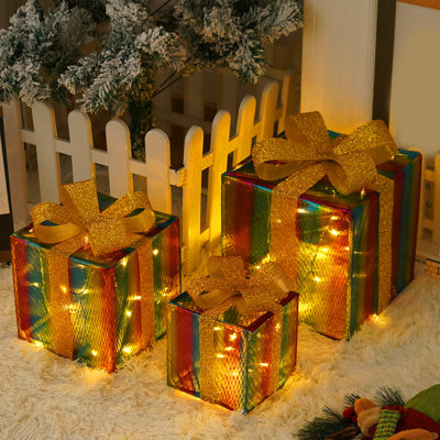 Christmas Light Box Remote Control Set Of 3 LED Gift Box Decoration Outdoor Elevated Christmas Box Gift Decoration Indoor Outdoor Terrace