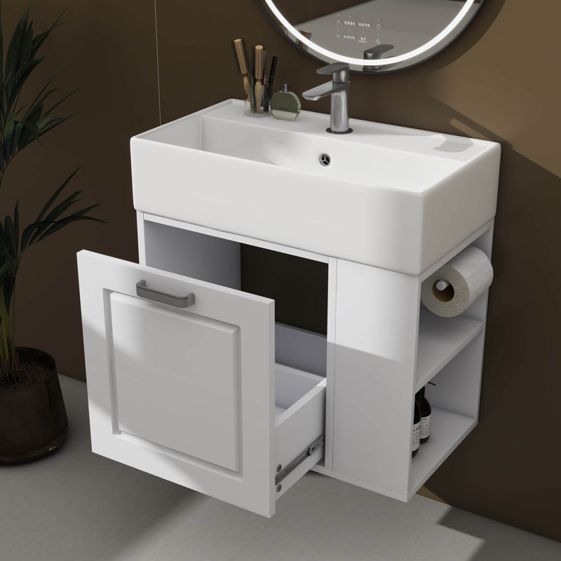 Meuble-lavabo flottant mural de 21,8 po avec meuble-lavabo, grand tiroir et tablette réglable, Blanc