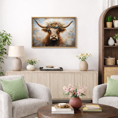 Highland Cow Artwork, Floral Crown Pictures, Framed Canvas Giclee Print Wall Art