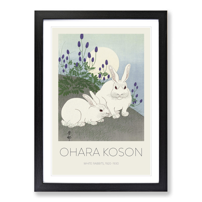 Rabbits at Full Moon Print by Ohara Koson - Picture Frame Painting, 65cm H x 48cm W x 2cm D, Black Framed