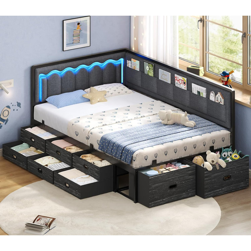 Twin Size Daybed, Corner Bed Frame With 8 Drawers, 6 Storage Pockets, Rgb Wave Lights, Grey, Gray/Black, Twin