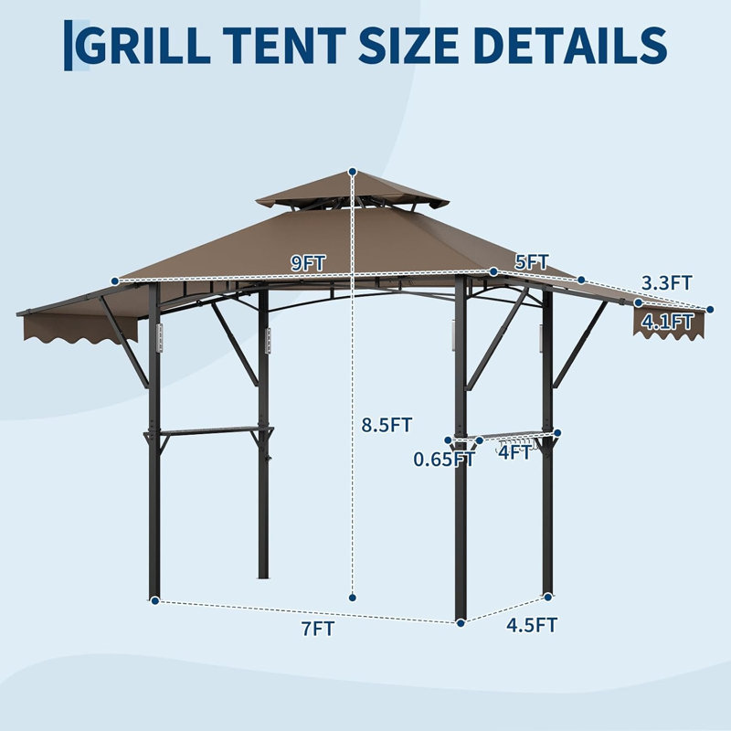 8x5 ft Grill Gazebo with Adjustable Dual Side Awnings, 2-Tier BBQ Gazebo Grill Shelter with 2 Handy Shelves, Hooks, 4 LED Lights & Ceiling Hook, Steel Frame BBQ Canopy for Backyard Garden, Claret