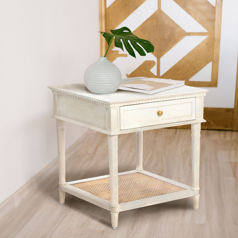 Ayleena Solid Wood End Table with Drawer and Woven Cane Storage Shelf, White
