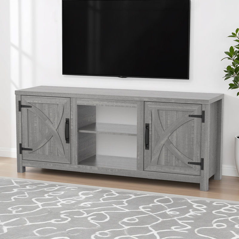 Meuble télé 58 po avec tablettes de rangement ouvertes et armoires pour téléviseur de 65 po ou moins 58 po, Gris