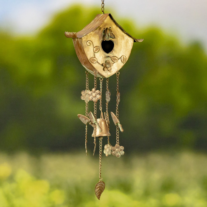 Julio Bronze Metal Birdhouse Wind Chime with Floral Accents