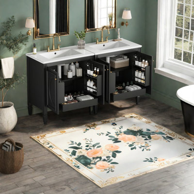 Ensemble de meuble-lavabo double spacieux en bois durable et en céramique, style rétro